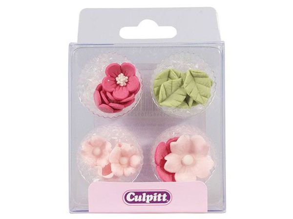 Culpitt Zuckerdekoration Blumen &amp; Blätter Rosa 16 Stück