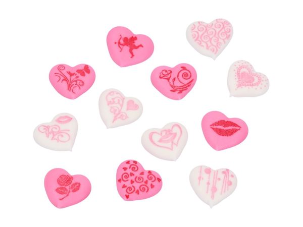 Herzen mit Motiven weiß-rosa Zucker 24 Stück